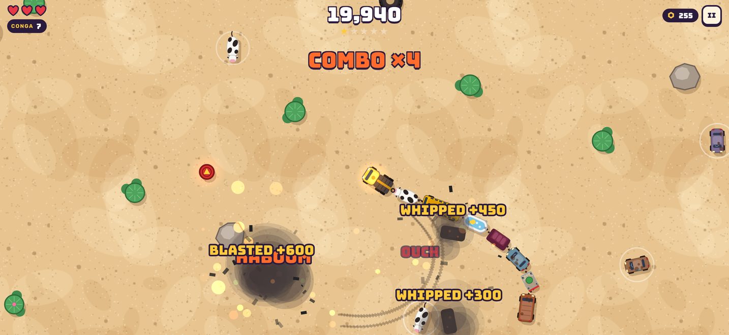 A yellow tow truck dragging a cow, a school bus, a bathtub and a couch while police cars explode around it.