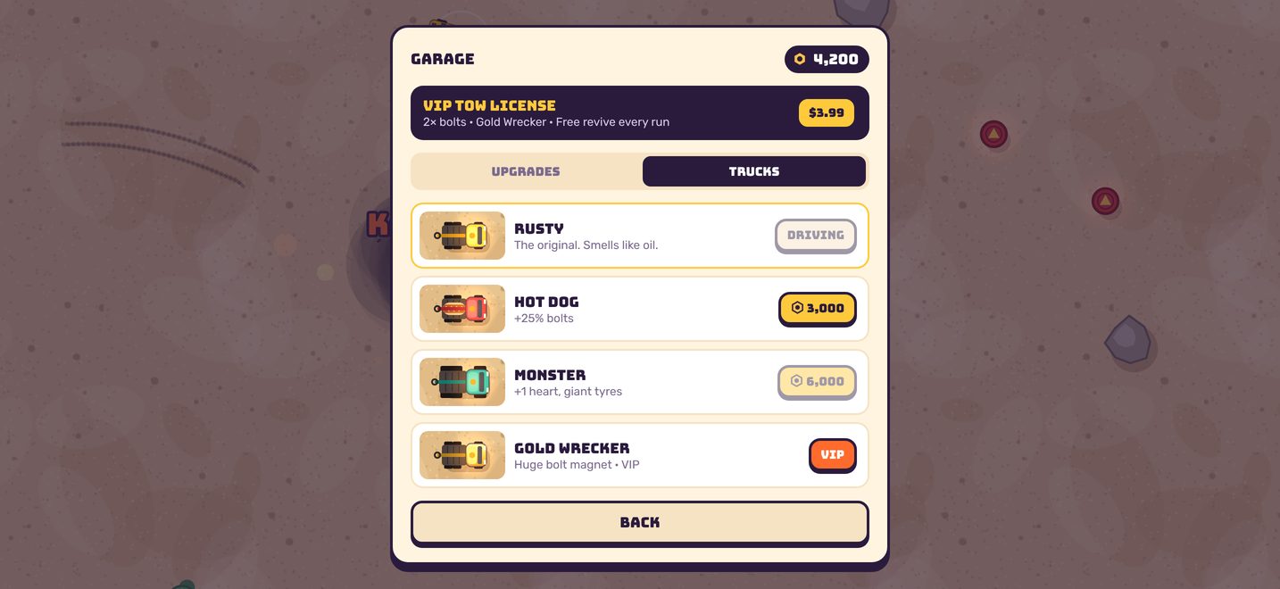 The garage screen showing trucks you can unlock with bolts.